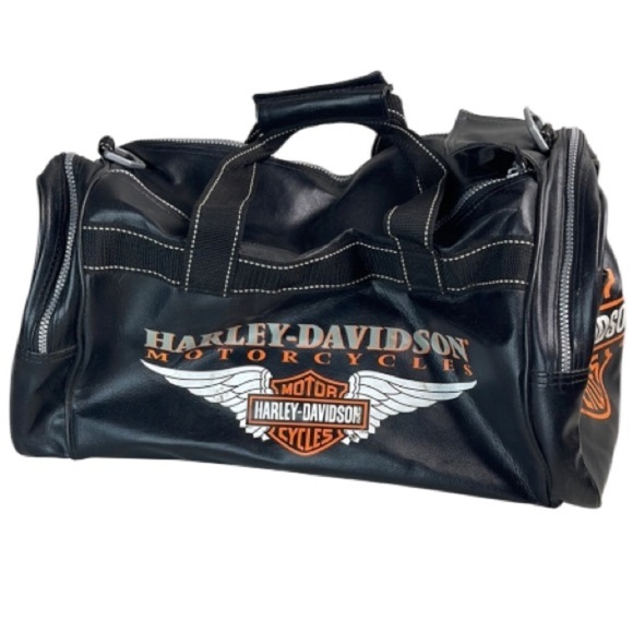 Harley-Davidson Black and Orange Duffel Bag with Iconic Logo Vegan Leather Zip - Picture 1 of 16